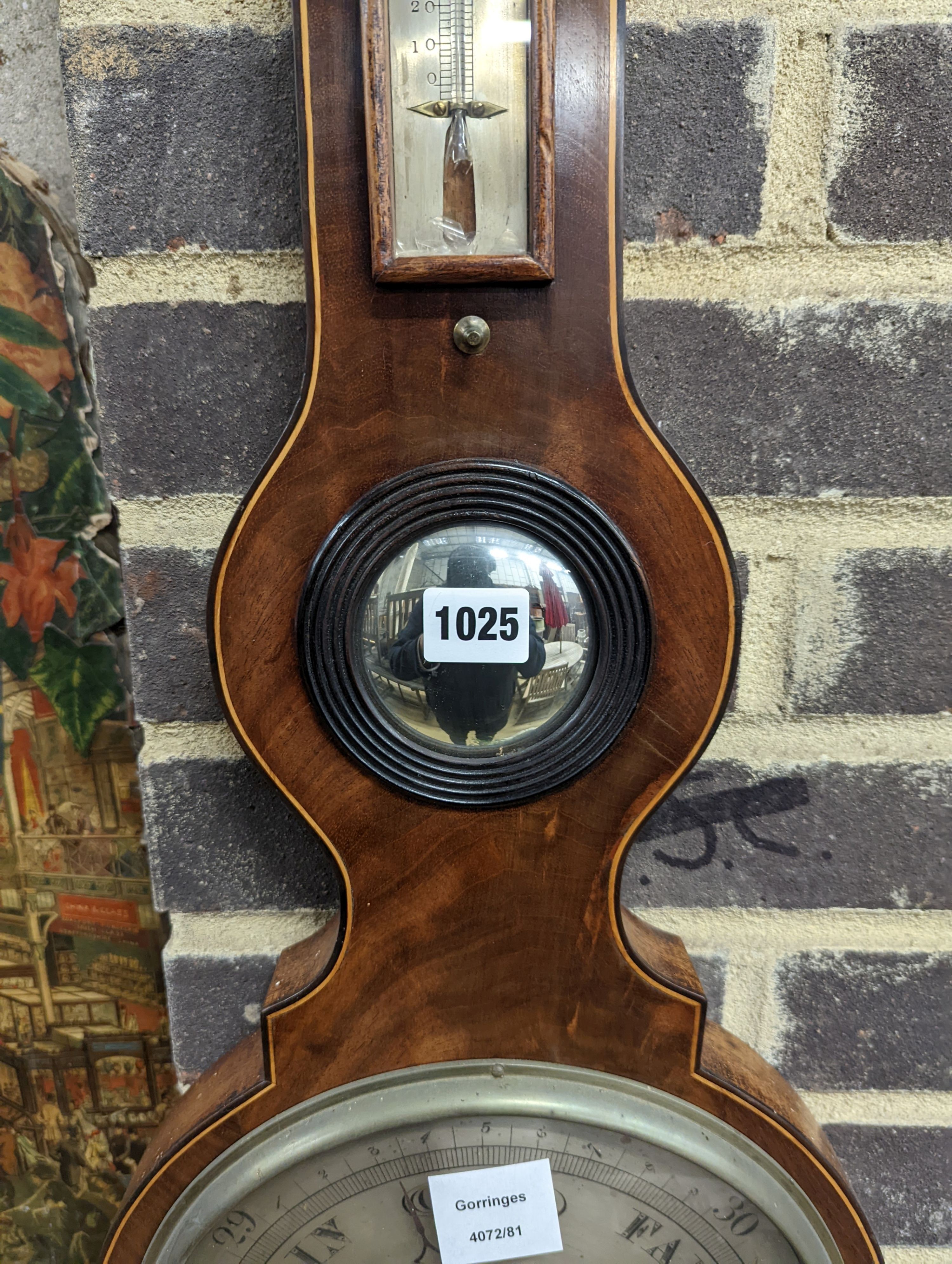 A Regency strung mahogany wheel barometer by J. Spelzini, Holborn, height 109cm